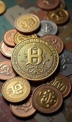A collection of decorative coins featuring unique designs, symbolizing currency and value, suitable for financial themes or historical contexts in marketing materials.