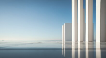 Minimalist architectural design with white columns against a clear blue sky