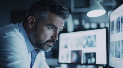 A detective examining security footage on a monitor. Featuring technology and clues