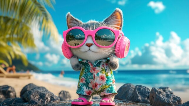 chat en d&eacute;tente &agrave; la plage pendant les vacances