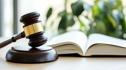 A wooden gavel rests beside an open book, symbolizing justice and law, with greenery in the background conveying a sense of calm and professionalism.