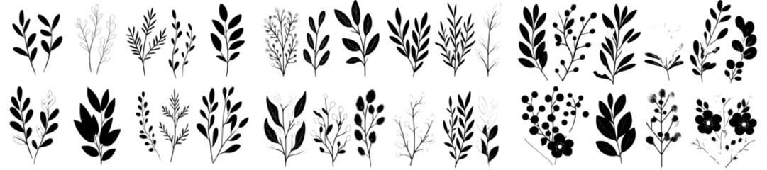 Ornamental branch wreaths are arranged in a hand-drawn pattern, accompanied by a laurel leaf wreath and a decorative bundle of branches, all part of a collection featuring various herbs, twigs,