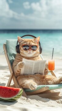 chat en d&eacute;tente &agrave; la plage pendant les vacances