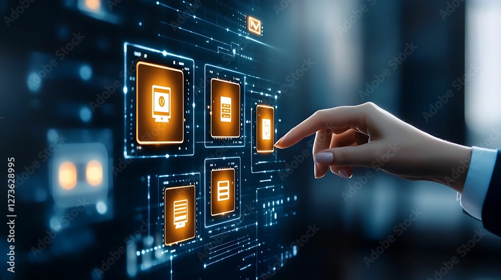 Canvas Prints a hand interacts with a digital interface displaying glowing icons, symbolizing technology, data, an