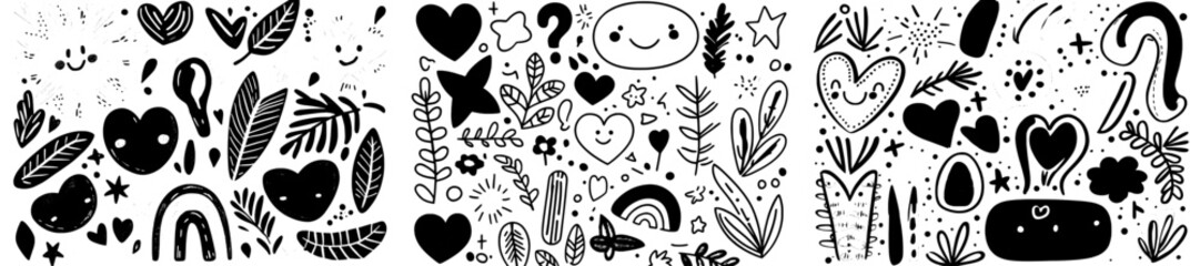The collection features hand-drawn simple elements such as sketch underlines, icons, emphasis, speech bubbles, arrows, and shapes, presented as a modern illustration on a white background