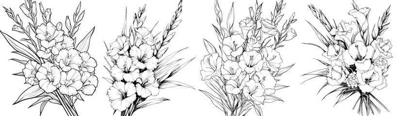 A modern composition featuring hand drawn black and white flowers in a blooming garden is beautiful