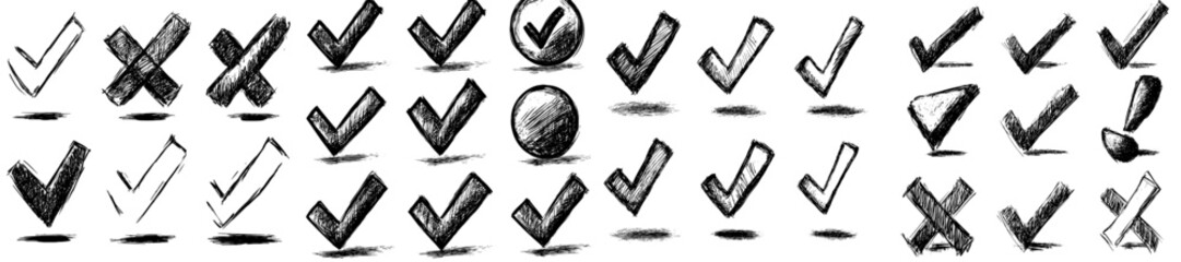 Modern X and V symbols, along with doodle cross and check marks, square boxes, and circle frames, comprise manuscript writing elements © Andrei