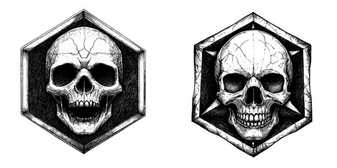 A modern, isolated drawing of an inverted hand with a skull and bones star on the background