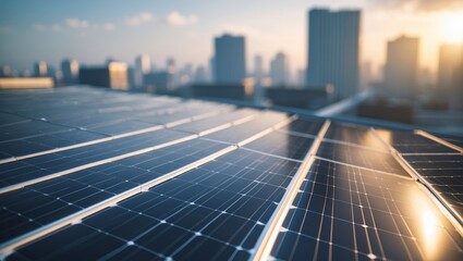 Solar panels on a rooftop capture sunlight in a modern urban city during sunset