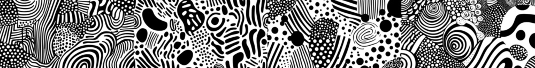 Modern backgrounds set featuring trendy monochrome simple patterns and abstract black doodle textures, including hand drawn ink elements like repeated dots, dashes, and spots, forming a scribble