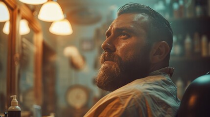 A man with a beard sits in a barber chair, looking contemplative while getting a haircut in a cozy barber shop. The warm, inviting atmosphere is enhanced by soft lighting.