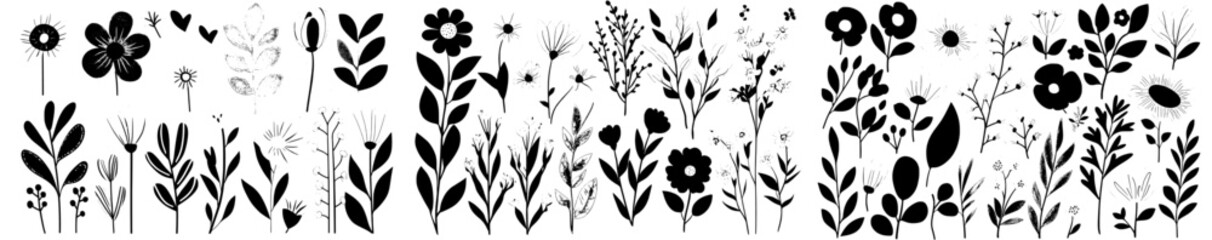 Collection of hand-drawn wildflower line art in black and white, featuring modern botanical illustrations