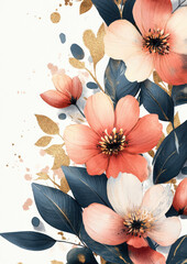 Beautiful floral arrangement with pink and white flowers, green leaves, and gold accents, creating vibrant and elegant design. Perfect for home decor or stationery