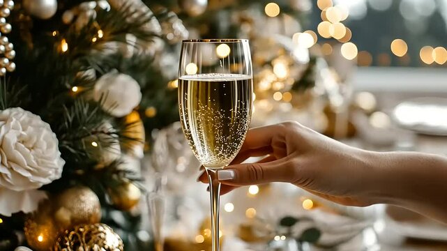 Elegant hand holding a champagne flute in a festive setting with holiday decorations and lights
