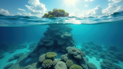 Naklejka premium Underwater coral reef ecosystem with fish swimming and sunlight filtering through 