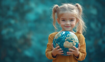 Embracing the Future: Young Girl Hugging Planet Earth Model for World Children's Day Concept Banner