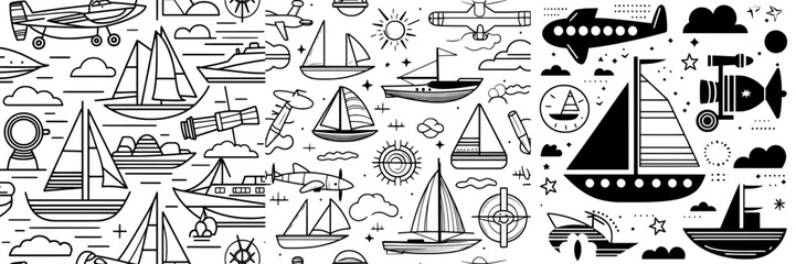A repeating design of silhouetted air transport and ships forms a seamless monochrome pattern with a hand drawn black and white graphic of vintage adventure themes