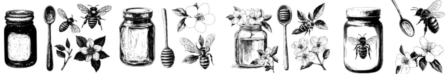 A picture features a bee, a honeycomb, and a jar containing honey