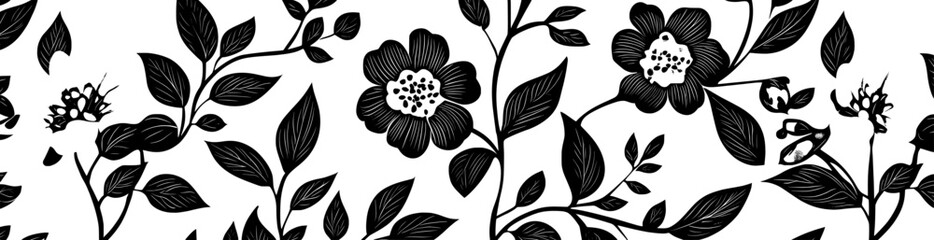 Trendy and contemporary floral illustrations, featuring abstract blue flowers and natural organic plant leaves, come together in a seamless pattern to create a beautiful and vintage spring-inspired