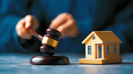 A gavel strikes down next to a model house, symbolizing real estate law, property disputes, or legal proceedings related to housing.
