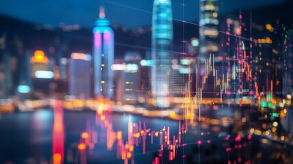 Obraz premium Kong skyline illuminated at night with a vibrant financial graph overlay showcasing market trends and analysis