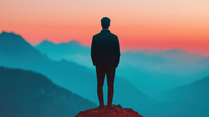 Silhouetted figure enjoying a stunning mountain sunset amidst vibrant colors and serene atmosphere