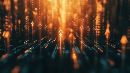 Financial data analysis featuring upward arrows representing growth trends in a digital landscape