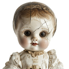 A broken antique porcelain baby doll with a cracked face and body, isolated on a transparent background