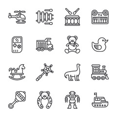 A set of toy icons including a teddy bear, a train, a boat, a car, a robot