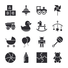 A collection of black and white icons for children's toys and baby items