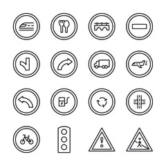 A set of black and white icons for traffic signs and road signs
