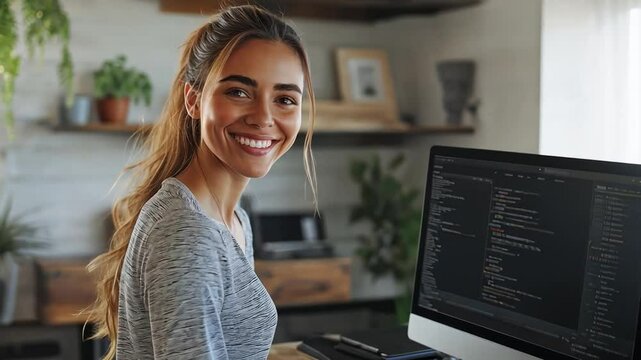 A woman with radiant smile sits at her desk, illuminated by natural light, writing code on her computer, creating the perfect blend of productivity and serenity. 