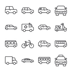 A set of car icons including a taxi, bus, and ambulance