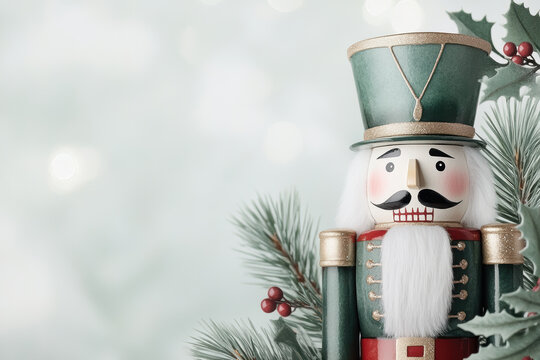 Festive nutcracker soldier with pine and holly decor for holiday season
