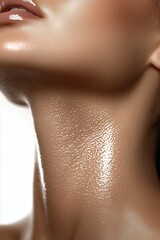 Fototapeta premium Close-up image highlighting the glowing skin on a female neck, showcasing its smooth texture and sheen, emphasizing beauty and skincare in a minimalistic style