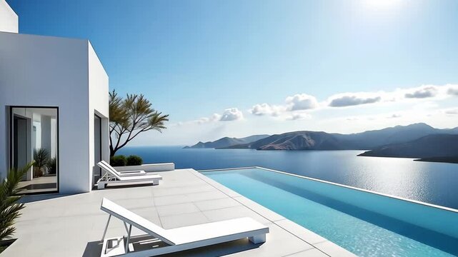 A white house with a pool and a balcony overlooking the ocean. The pool is surrounded by white lounge chairs