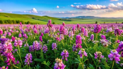Colorful field with Mongolian milkvetch plants having beautiful purple flowers and green foliage in a natural setting , green leaves, grassland