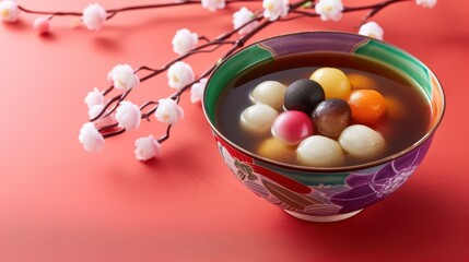 Fototapeta premium A colorful bowl of sweet glutinous rice balls in syrup, surrounded by decorative flowers on a vibrant red background.