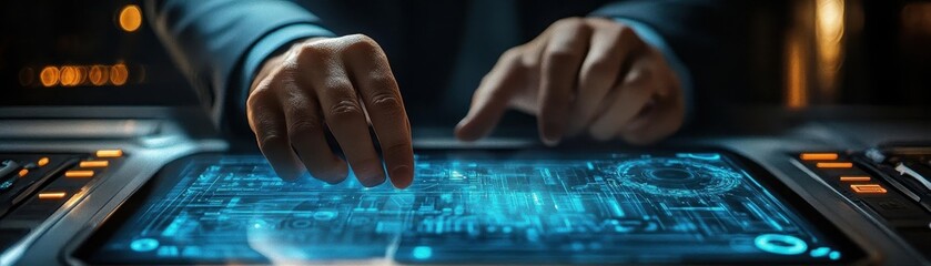 Manager reviewing reports with a holographic interface, sleek desk setup, cool blue and silver hues, cinematic lighting