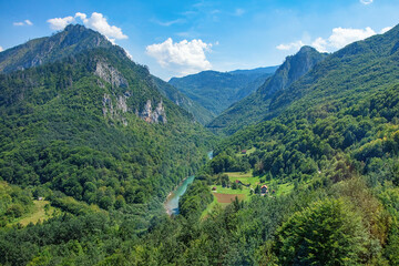 Exploring a serene valley surrounded by majestic mountains and lush greenery in the afternoon