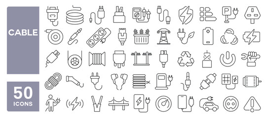 Set of 50 line icons related to cable, optical, fiber, plug, cord, port, electrical, connector, charger, socket, lan, wire, Editable stroke. Vector illustration