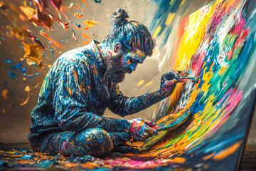 Obraz premium Passionate artist covered in colorful paint creating an abstract masterpiece on canvas, surrounded by splashes of vibrant colors in a dynamic scene