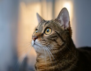 cute european short hair cat has discovered something interesting and is looking to the right