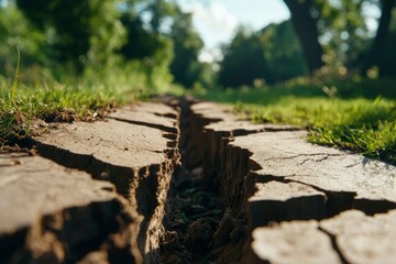 Cracked soil in green field. Environmental damage for an article background