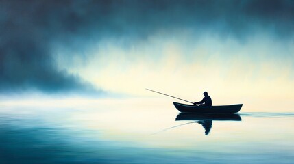 Fototapeta premium Fisherman in silhouette casting a line on calm water during a serene dawn with misty backdrop