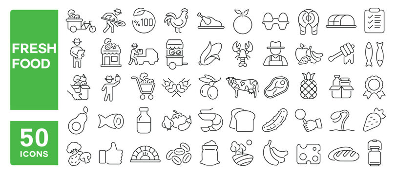 Set of 50 line icons related to fresh food, organic, farmer, superfood, vegetables, fruit, meat, bread, grocery, antioxidant, ecology, Editable stroke. Vector illustration