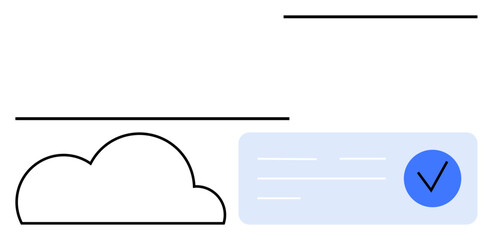 Blue checkmark on a blue background rectangle near outlined cloud shape. Ideal for cloud computing, digital security, data verification, online services, technology branding, cybersecurity, and user