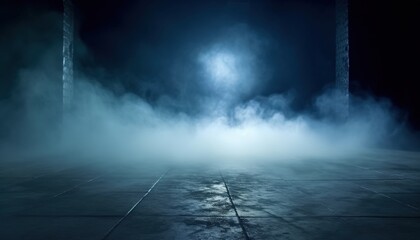 Abstract smoky scene, empty stage, night background use for atmospheric suspenseful cinematic feel