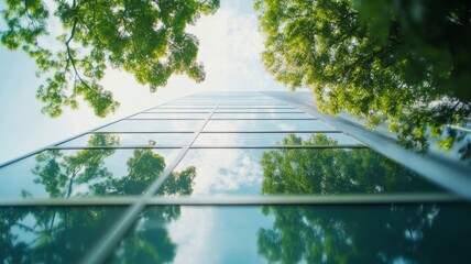 Office building surrounded by trees creating a green environment that enhances urban living and sustainability