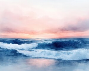 Obraz premium Mindfulness meditation by the ocean, calm waves, pastel sky, peaceful environment, watercolor style